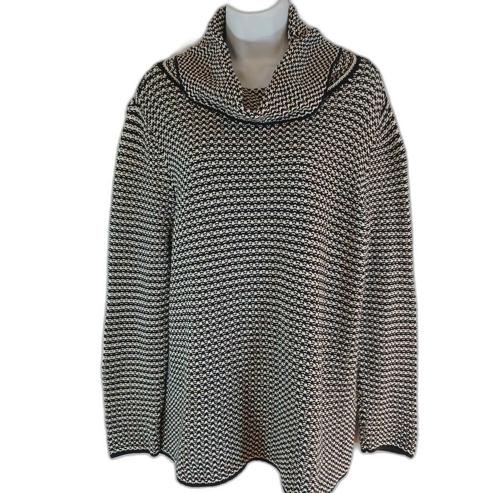 Talbots sweater black white long‎ sleeve cowl neck sz XL career travel party